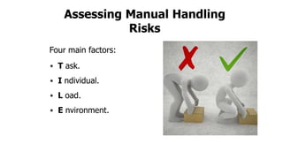 Assessing Manual Handling
Risks
Four main factors:
• T ask.
• I ndividual.
• L oad.
• E nvironment.
 