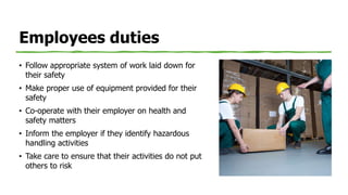 Employees duties
• Follow appropriate system of work laid down for
their safety
• Make proper use of equipment provided for their
safety
• Co-operate with their employer on health and
safety matters
• Inform the employer if they identify hazardous
handling activities
• Take care to ensure that their activities do not put
others to risk
 