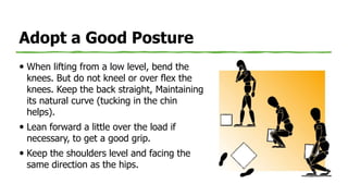 Adopt a Good Posture
 When lifting from a low level, bend the
knees. But do not kneel or over flex the
knees. Keep the back straight, Maintaining
its natural curve (tucking in the chin
helps).
 Lean forward a little over the load if
necessary, to get a good grip.
 Keep the shoulders level and facing the
same direction as the hips.
 