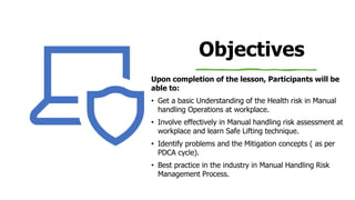 Objectives
Upon completion of the lesson, Participants will be
able to:
• Get a basic Understanding of the Health risk in Manual
handling Operations at workplace.
• Involve effectively in Manual handling risk assessment at
workplace and learn Safe Lifting technique.
• Identify problems and the Mitigation concepts ( as per
PDCA cycle).
• Best practice in the industry in Manual Handling Risk
Management Process.
 