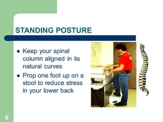 6
STANDING POSTURE
⚫ Keep your spinal
column aligned in its
natural curves
⚫ Prop one foot up on a
stool to reduce stress
in your lower back
 