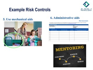 Example Risk Controls
5. Use mechanical aids 6. Administrative aids
 