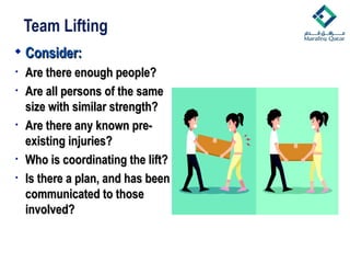 Team Lifting
 Consider:
Consider:
• Are there enough people?
Are there enough people?
• Are all persons of the same
Are all persons of the same
size with similar strength?
size with similar strength?
• Are there any known pre-
Are there any known pre-
existing injuries?
existing injuries?
• Who is coordinating the lift?
Who is coordinating the lift?
• Is there a plan, and has been
Is there a plan, and has been
communicated to those
communicated to those
involved?
involved?
 