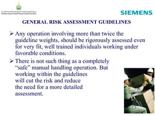 GENERAL RISK ASSESSMENT GUIDELINES
 Any operation involving more than twice the
guideline weights, should be rigorously assessed even
for very fit, well trained individuals working under
favorable conditions.
 There is not such thing as a completely
“safe” manual handling operation. But
working within the guidelines
will cut the risk and reduce
the need for a more detailed
assessment.
 
