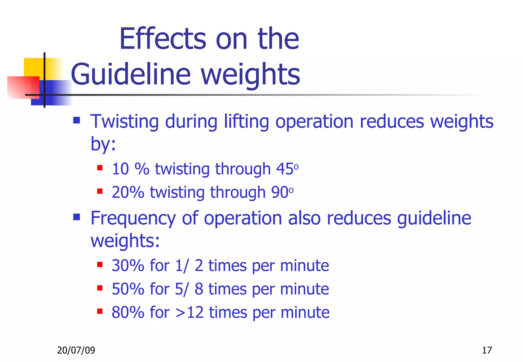 Effects on the
  Guideline weights
      Twisting during lifting operation reduces weights
       by:
              10 % twisting through 45o
              20% twisting through 90o
      Frequency of operation also reduces guideline
       weights:
              30% for 1/ 2 times per minute
              50% for 5/ 8 times per minute
              80% for >12 times per minute

20/07/09                                               17
 