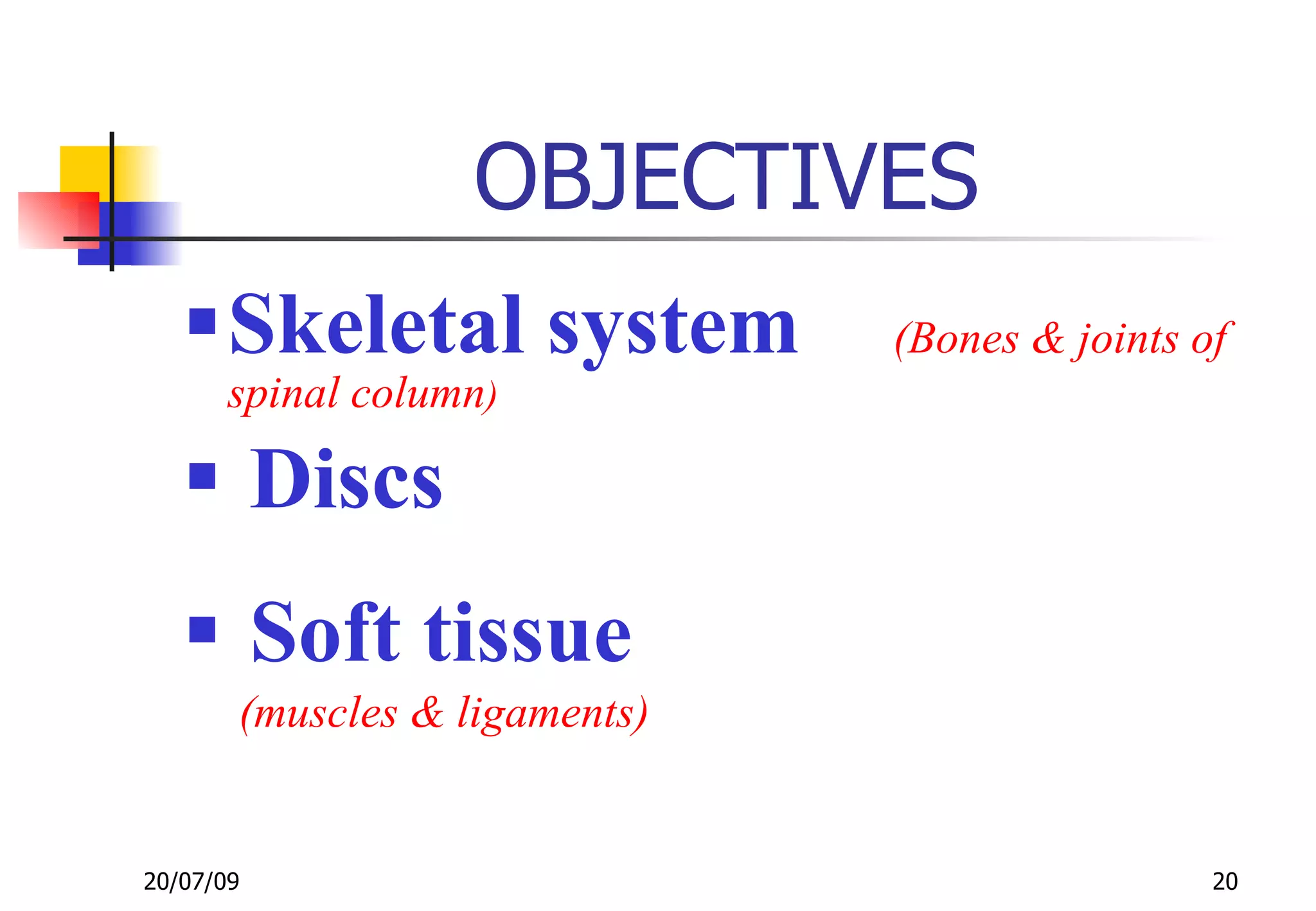 OBJECTIVES
   Skeletal system            (Bones & joints of
       spinal column)

    Discs
    Soft tissue
       (muscles & ligaments)


20/07/09                                        20
 