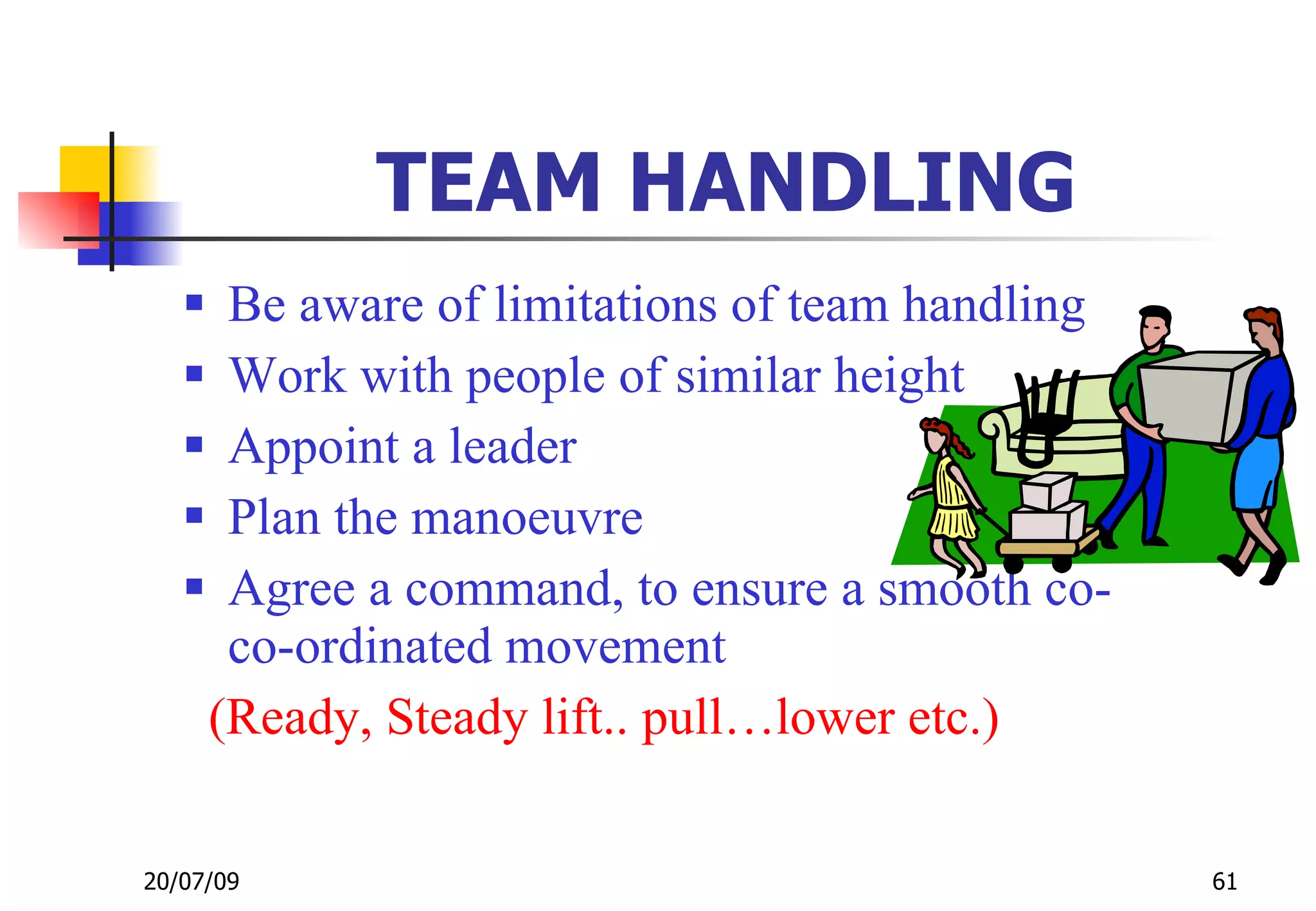 TEAM HANDLING
       Be aware of limitations of team handling
       Work with people of similar height
       Appoint a leader
       Plan the manoeuvre
       Agree a command, to ensure a smooth co-
        co-ordinated movement
       (Ready, Steady lift.. pull…lower etc.)

20/07/09                                           61
 