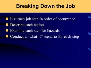 Breaking Down the Job
◼ List each job step in order of occurrence
◼ Describe each action
◼ Examine each step for hazards
◼ Conduct a “what if” scenario for each step
 