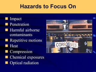 Hazards to Focus On
◼ Impact
◼ Penetration
◼ Harmful airborne
contaminants
◼ Repetitive motions
◼ Heat
◼ Compression
◼ Chemical exposures
◼ Optical radiation
 