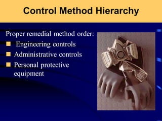 Control Method Hierarchy
Proper remedial method order:
◼ Engineering controls
◼ Administrative controls
◼ Personal protective
equipment
 