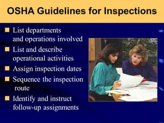 OSHA Guidelines for Inspections
◼ List departments
and operations involved
◼ List and describe
operational activities
◼ Assign inspection dates
◼ Sequence the inspection
route
◼ Identify and instruct
follow-up assignments
 