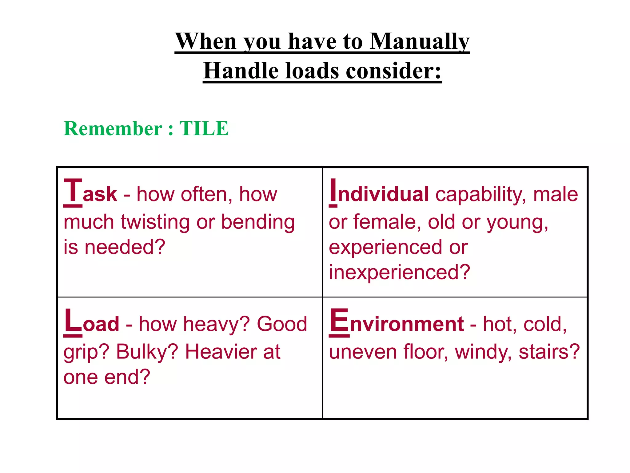 When you have to Manually
Handle loads consider:
Task - how often, how
much twisting or bending
is needed?
Individual capability, male
or female, old or young,
experienced or
inexperienced?
Load - how heavy? Good
grip? Bulky? Heavier at
one end?
Environment - hot, cold,
uneven floor, windy, stairs?
Remember : TILE
 
