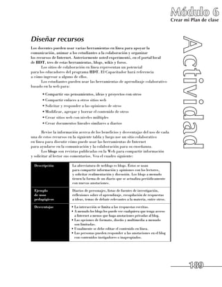 Módulo 6
                                                                                           Crear mi Plan de clase



Diseñar recursos
Los docentes pueden usar varias herramientas en línea para apoyar la
comunicación, animar a los estudiantes a la colaboración y organizar 	
los recursos de Internet. Anteriormente usted experimentó, en el portal local 	
de HDT, tres de estas herramientas, blogs, wikis y foros.
       Los sitios de colaboración en línea representan un potencial 	
para los educadores del programa HDT. El Capacitador hará referencia 	
a cómo ingresar a alguno de ellos.
       Los estudiantes pueden usar las herramientas de aprendizaje colaborativo
basado en la web para:
      •	Compartir sus pensamientos, ideas y proyectos con otros
      •	Compartir enlaces a otros sitios web
      •	Solicitar y responder a las opiniones de otros
      •	Modificar, agregar y borrar el contenido de otros
      •	Crear sitios web con niveles múltiples
      •	Crear documentos lineales similares a diarios

       Revise la información acerca de los beneficios y desventajas del uso de cada
una de estos recursos en la siguiente tabla y luego use un sitio colaborativo 	
en línea para discutir cómo puede usar las herramientas de Internet 	
para ayudarse en la comunicación y la colaboración para su enseñanza.
       Los blogs son revistas publicadas en la Web para compartir información 	
y solicitar al lector sus comentarios. Vea el cuadro siguiente:

  Descripción           La abreviatura de weblogs es blogs. Éstos se usan 	
                        para compartir información y opiniones con los lectores, 	
                        y solicitar realimentación y discusión. Los blogs a menudo
                        tienen la forma de un diario que se actualiza periódicamente 	
                        con nuevas anotaciones.

  Ejemplo               Diarios de personajes, listas de fuentes de investigación,
  de usos               reflexiones sobre el aprendizaje, recopilación de respuestas 	
  pedagógicos           a ideas, temas de debate relevantes a la materia, entre otros.

  Desventajas           •	La interacción se limita a las respuestas escritas.
                        •	A menudo los blogs los puede ver cualquiera que tenga acceso 	
                          a Internet a menos que haga anotaciones privadas al blog.
                        •	Las opciones de formato, diseño y multimedia a menudo 	
                          son limitadas.
                        •	Usualmente se debe editar el contenido en línea.
                        •	Las personas pueden responder a las anotaciones en el blog
                          con contenidos instigadores o inapropiados.




                                                                                                   189
 