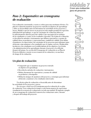 Módulo 7
                                                                                      Crear una evaluación
                                                                                      para mi proyecto

Paso 2: Esquematice un cronograma
de evaluación
Una evaluación concienzuda y exacta es crítica para una enseñanza efectiva. Un
plan de evaluación mantiene un proyecto centrado en objetivos de aprendizaje
y debe ser desarrollado antes de determinar las actividades de los proyectos y
tareas. Debido a que las tareas en un proyecto más amplio permiten la expresión
individual del aprendizaje, es que las estrategias de evaluación deben ser 	
lo suficientemente abiertas para dar cabida a que una gama de los trabajos 	
de los estudiantes se centre en los resultados esperados. En el plan de evaluación
se describen los métodos e instrumentos que definen expectativas y normas de
calidad claras en productos y representaciones, también de calidad. Esto define
el monitoreo, la supervisión y las estrategias de los proyectos para informar tanto
al docente como mantener a los estudiantes por el camino correcto. El plan debe
involucrar a los estudiantes en el establecimiento de los objetivos, la revisión 	
y la administración de los aprendizajes durante el proyecto y la reflexión 	
después del mismo. La sección del Cronograma de evaluación en su Plan de
Proyecto didáctico consiste en un resumen de la evaluación y en una línea 	
de tiempo de la evaluación.



Un plan de evaluación:
      •	Compruebe que se mantiene un proyecto centrado 	
        en objetivos de aprendizaje
      •	Describa los métodos de evaluación e instrumentos
      •	Defina claramente las expectativas y normas de calidad 	
        en productos y desempeños
      •	Defina los tiempos de monitoreo del proyecto y estrategias para informar
        al docente y mantener a los estudiantes interesados

       Un efectivo plan de evaluación se desarrolla antes de determinar 	
las actividades de los proyectos y tareas.
       En este paso, usted crea el Cronograma para la evaluación de su plan
de evaluación. Una evaluación de tiempo es una buena manera de representar
visualmente la secuencia de evaluaciones en toda una unidad. El siguiente ejemplo
de un cronograma de evaluación le muestra las evaluaciones antes, durante 	
y después del trabajo del proyecto:




                                                                                             201
 