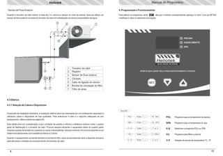 Manual do Proprietário

Heliotek
- Sensor de Fluxo Externo

5. Programação e Funcionamento

Quando o trocador de calor estiver à mais de 2 m, acima ou abaixo do nível da piscina, deve-se utilizar um
sensor de fluxo externo na saída do trocador de calor em substituição ao sensor pressostático de água.

Para alterar os programas, tecle SET até que o módulo correspondente apareça no visor. Com as SETAS,
modifique o valor ou selecione uma opção.

3

2

1

5

4

6

7

1
2
3
4
5
6
7

Trocador de calor
Registro
Sensor de fluxo externo
Clorador
Cabo de ligação do sensor
Bomba de circulação do filtro
Filtro de areia

4.3 Elétrica
4.3.1 Seleção de Cabos e Disjuntores
Tecla SET

A exemplo da instalação hidráulica, a instalação elétrica deve ser executada por um profissional capacitado e
utilizando cabos e disjuntores de boa qualidade. Para selecionar o cabo e o disjuntor adequado ao seu
equipamento, utilize a tabela da página 09.

POL

Teclas

16 ~ 35ºC

POL

Programa para a temperatura da piscina

SPA

Teclas

Esta tabela leva em consideração a pior condição de partida e informa a distância máxima entre o quadro
geral de distribuição e o trocador de calor. Procure sempre alimentar o aquecedor direto do quadro geral,
evitando quedas de tensão em quadros ou caixas intermediárias. Sempre conecte o fio terra do aparelho a um
sistema de aterramento com resistência inferior a 3 ohms.

16 ~ 40ºC

SPA

Programa para a temperatura do spa

P-S

Teclas

P ou S

P-S

Seleciona o programa POL ou SPA

FIL

Teclas

2 ~ 24Hrs

FIL

Programa para filtrar a piscina

Quando o equipamento comandar também a bomba do filtro, deve-se providenciar cabo e disjuntor exclusivo
para alimentar o contator de comando dentro do trocador de calor.

C-F

Teclas

C ou F

C-F

Seleção de escala de temperatura ºC - ºF

8

13

 