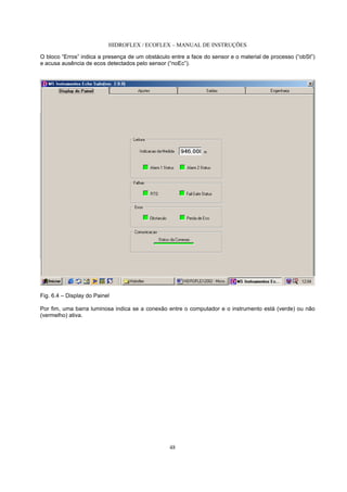 HIDROFLEX / ECOFLEX – MANUAL DE INSTRUÇÕES
48
O bloco “Erros” indica a presença de um obstáculo entre a face do sensor e o material de processo (“obSt”)
e acusa ausência de ecos detectados pelo sensor (“noEc”).
Fig. 6.4 – Display do Painel
Por fim, uma barra luminosa indica se a conexão entre o computador e o instrumento está (verde) ou não
(vermelho) ativa.
 