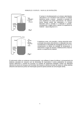 HIDROFLEX / ECOFLEX – MANUAL DE INSTRUÇÕES
6
O sensor é simultaneamente um emissor (alto-falante)
ultra-sônico e um microfone muito sensível. A unidade
eletrônica excita o sensor, causando a emissão de
uma seqüência de pulsos ultra-sônicos. Os retornos
(ecos) desses pulsos são detectados e o tempo
decorrido entre a emissão e a detecção é contado,
considerando o trajeto entre o sensor e a superfície do
material – veja as figuras 2 e 3.
A eletrônica conta, com precisão, o tempo decorrido entre
a emissão dos pulsos ultra-sônicos e a detecção dos ecos.
Considerando a velocidade de propagação do som no ar e
compensando os efeitos da variação de temperatura, o
instrumento é capaz de calcular a distância entre a face do
sensor e a superfície do material.
O instrumento utiliza um poderoso microprocessador, cujo software é capaz de efetuar o processamento da
distância calculada em conjunto com as dimensões do reservatório e outros parâmetros do processo,
visando determinar a variável de processo na unidade de engenharia desejada. Podem ser efetuados
cálculos de volume em tanques com formatos não lineares e cálculos de taxas de vazão em calhas abertas,
utilizando até dezenove pontos de linearização (possível apenas através de comunicação serial).
Sensor
Fig.2
Tanque
Sinal
Ultra-sônico
proveniente
do
transdutor
Echo-
!2
Unidade
Eletrônica
!1
Sensor
Fig.3
Tanque
Eco
retornado
da
superfície
do material
ao
Sensor
Echo-
!2
Unidade
Eletrônica
!1
 