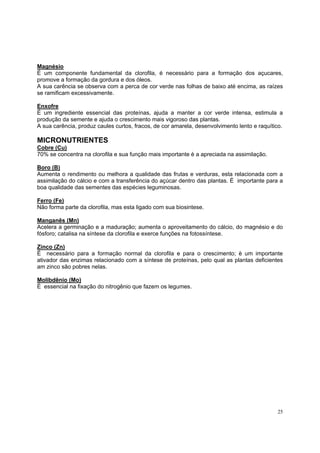 Magnésio
É um componente fundamental da clorofila, é necessário para a formação dos açucares,
promove a formação da gordura e dos óleos.
A sua carência se observa com a perca de cor verde nas folhas de baixo até encima, as raízes
se ramificam excessivamente.

Enxofre
É um ingrediente essencial das proteínas, ajuda a manter a cor verde intensa, estimula a
produção da semente e ajuda o crescimento mais vigoroso das plantas.
A sua carência, produz caules curtos, fracos, de cor amarela, desenvolvimento lento e raquítico.

MICRONUTRIENTES
Cobre (Cu)
70% se concentra na clorofila e sua função mais importante è a apreciada na assimilação.

Boro (B)
Aumenta o rendimento ou melhora a qualidade das frutas e verduras, esta relacionada com a
assimilação do cálcio e com a transferência do açúcar dentro das plantas. É importante para a
boa qualidade das sementes das espécies leguminosas.

Ferro (Fe)
Não forma parte da clorofila, mas esta ligado com sua biosintese.

Manganês (Mn)
Acelera a germinação e a maduração; aumenta o aproveitamento do cálcio, do magnésio e do
fósforo; catalisa na síntese da clorofila e exerce funções na fotossíntese.

Zinco (Zn)
É necessário para a formação normal da clorofila e para o crescimento; è um importante
ativador das enzimas relacionado com a síntese de proteínas, pelo qual as plantas deficientes
am zinco são pobres nelas.

Molibdênio (Mo)
È essencial na fixação do nitrogênio que fazem os legumes.




                                                                                             25
 