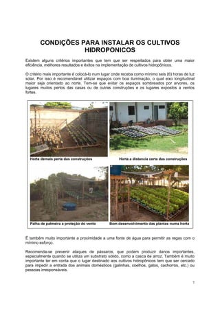 CONDIÇÕES PARA INSTALAR OS CULTIVOS
                   HIDROPONICOS
Existem alguns critérios importantes que tem que ser respeitados para obter uma maior
eficiência, melhores resultados e êxitos na implementação de cultivos hidropônicos.

O critério mais importante é colocá-lo num lugar onde receba como mínimo seis (6) horas de luz
solar. Por isso é recomendável utilizar espaços com boa iluminação, o qual eixo longitudinal
maior seja orientado ao norte. Tem-se que evitar os espaços sombreados por arvores, os
lugares muitos pertos das casas ou de outras construções e os lugares expostos a ventos
fortes.




  Horta demais perta das construções                Horta a distancia certa das construções




  Palha de palmeira a proteção do vento       Bom desenvolvimento das plantas numa horta



É também muito importante a proximidade a uma fonte de água para permitir as regas com o
mínimo esforço.

Recomenda-se prevenir ataques de pássaros, que podem produzir danos importantes,
especialmente quando se utiliza um substrato sólido, como a casca de arroz. Também é muito
importante ter em conta que o lugar destinado aos cultivos hidropônicos tem que ser cercado
para impedir a entrada dos animais domésticos (galinhas, coelhos, gatos, cachorros, etc.) ou
pessoas irresponsáveis.


                                                                                              7
 