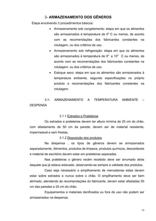 3- ARMAZENAMENTO DOS GÊNEROS
 Etapa envolvendo 3 procedimentos básicos:
             •   Armazenamento sob congelamento: etapa em que os alimentos
                 são armazenados à temperatura de 0o C ou menos, de acordo
                 com   as     recomendações   dos      fabricantes   constantes   na
                 rotulagem, ou dos critérios de uso.
             •   Armazenamento sob refrigeração: etapa em que os alimentos
                 são armazenados à temperatura de 0o a 10o C ou menos, de
                 acordo com as recomendações dos fabricantes constantes na
                 rotulagem, ou dos critérios de uso.
             •   Estoque seco: etapa em que os alimentos são armazenados à
                 temperatura ambiente, segundo especificações no próprio
                 produto e recomendações dos fabricantes constantes na
                 rotulagem.


          3.1-   ARMAZENAMENTO           A    TEMPERATURA            AMBIENTE      –
DESPENSA


                     3.1.1 Estrados e Prateleiras
          Os estrados e prateleiras devem ter altura mínima de 25 cm do chão,
com afastamento de 50 cm da parede; devem ser de material resistente,
impermeável e sem frestas.
                     3.1.2 Disposição dos produtos
          Na despensa , os tipos de gêneros devem se armazenados
separadamente. Alimentos, produtos de limpeza, produtos químicos, descartáveis
e material de escritório devem estar em prateleiras separadas.
          Nas prateleiras o gênero recém recebido deve ser arrumado atrás
daquele que já estava estocado, observando-se sempre a validade dos produtos.
          Caso seja necessário o empilhamento de mercadorias estas devem
estar sobre estrados e nunca sobre o chão. O empilhamento deve ser bem
alinhado, atendendo às recomendações do fabricante, devem estar afastadas 50
cm das paredes e 25 cm do chão.
          Equipamentos e materiais danificados ou fora de uso não podem ser
armazenados na despensa.


                                                                                  14
 