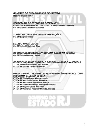 GOVERNO DO ESTADO DO RIO DE JANEIRO
Rosinha Garotinho


SECRETARIA DE ESTADO DA DEFESA CIVIL
CORPO DE BOMBEIROS MILITAR DO ESTADO DO RIO DE JANEIRO
Cel BM Carlos Alberto de Carvalho


SUBSECRETARIA ADJUNTA DE OPERAÇÕES
Cel BM Sérgio Simões


ESTADO MAIOR GERAL
Cel BM Adenil Ribeiro da Silva


COORDENAÇÃO MÉDICA PROGRAMA SAÚDE NA ESCOLA
Cel BM Edson Ferreira Liberal


COORDENAÇÃO DE NUTRIÇÃO PROGRAMA SAÚDE NA ESCOLA
1º TEN BM Fernanda Serpa de Carvalho
1o TEN BM Denise Tavares Giannini


OFICIAIS BM NUTRICIONISTAS QOS 02/ REGIÃO METROPOLITANA
PROGRAMA SAÚDE NA ESCOLA
2o TEN BM Sílvia Helena Vianna Landin
2o TEN BM Ana Carla Soares Monteiro
2o TEN BM Rosana de Figueiredo França
2o TEN BM Gisele Mendonça Rodrigues da Silva
2º TEN BM Vagner Costa de Souza
2º TEN BM Fernanda Fasciotti Macedo Azevedo




                                                          2
 