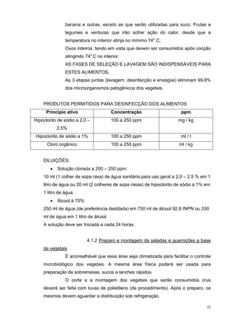 banana e outras, exceto as que serão utilizadas para suco. Frutas e
               legumes e verduras que irão sofrer ação do calor, desde que a
               temperatura no interior atinja no mínimo 74o C;
               Ovos inteiros, tendo em vista que devem ser consumidos após cocção
               atingindo 74o C no interior.
               AS FASES DE SELEÇÃO E LAVAGEM SÃO INDISPENSÁVEIS PARA
               ESTES ALIMENTOS.
               As 3 etapas juntas (lavagem, desinfecção e enxágüe) eliminam 99,8%
               dos microorganismos patogênicos dos vegetais.


    PRODUTOS PERMITIDOS PARA DESINFECÇÃO DOS ALIMENTOS
      Princípio ativo                  Concentração                    ppm
Hipoclorito de sódio a 2,0 –           100 a 250 ppm                  mg / kg
            2,5%
Hipoclorito de sódio a 1%              100 a 250 ppm                   ml / l
      Cloro orgânico                   100 a 250 ppm                  ml / kg


    DILUIÇÕES:
        •   Solução clorada a 200 – 250 ppm:
    10 ml (1 colher de sopa rasa) de água sanitária para uso geral a 2,0 – 2,5 % em 1
    litro de água ou 20 ml (2 colheres de sopa rasas) de hipoclorito de sódio a 1% em
    1 litro de água.
        •   Álcool à 70%:
    250 ml de água (de preferência destilada) em 750 ml de álcool 92,8 INPN ou 330
    ml de água em 1 litro de álcool.
    A solução deve ser trocada a cada 24 horas.


                            4.1.2 Preparo e montagem de saladas e guarnições a base
    de vegetais
               É aconselhável que essa área seja climatizada para facilitar o controle
    microbiológico dos vegetais. A mesma área física poderá ser usada para
    preparação de sobremesas, sucos e lanches rápidos.
               O corte e a montagem dos vegetais que serão consumidos crus
    deverá ser feita com luvas de polietileno (de procedimento). Após o preparo, os
    mesmos devem aguardar a distribuição sob refrigeração.

                                                                                    22
 