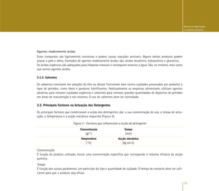 15
Manual de Higienização
na Indústria Alimentar
Agentes moderamente ácidos
Estes compostos são ligeiramente corrosivos e podem causar reacções sensíveis. Alguns destes produtos podem
atacar a pele e olhos. Exemplos de agentes moderamente ácidos são: ácidos levulínico, hidroacético e glucónico.
Os ácidos orgânicos são adequados para limpezas manuais e conseguem amaciar a água. São, no entanto, mais caros
que outros agentes ácidos.
3.1.3. Solventes
Os solventes consistem em soluções de éter ou álcool. Funcionam bem contra sujidades provocadas por produtos à
base de petróleo, como óleos e gorduras lubrificantes. Habitualmente as empresas alimentares utilizam agentes
alcalinos para remover sujidades orgânicas e solventes para remover grandes quantidades de depósitos de petróleo
em áreas de manutenção e nos motores. O uso de solventes deve ser controlado.
3.2. Principais Factores na Actuação dos Detergentes
Os principais factores que condicionam a acção dos detergentes são: a sua concentração de uso, o tempo de actu-
ação, a temperatura e a acção mecânica requerida (Figura 2).
Figura 2 - Factores que influenciam a acção do detergente
Concentração Tempo
[gl-1] [min]
Temperatura Acção mecânica
[ºC] [kg cm-2]
Concentração
É função do produto utilizado. Existe uma concentração específica que corresponde à máxima eficácia da acção
química.
Tempo
É função dos outros parâmetros, em particular do tipo e quantidade de sujidade. O tempo de contacto deve ser sufi-
ciente para que o produto seja eficaz.
 