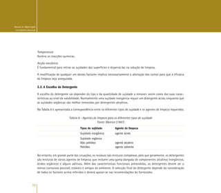 16
Manual de Higienização
na Indústria Alimentar
Temperatura
Acelera as reacções químicas.
Acção mecânica
É fundamental para retirar as sujidades das superfícies e dispersá-las na solução de limpeza.
A modificação de qualquer um destes factores implica necessariamente a alteração dos outros para que a eficácia
da limpeza seja assegurada.
3.3. A Escolha do Detergente
A escolha do detergente vai depender do tipo e da quantidade de sujidade a remover, assim como das suas carac-
terísticas ao nível da solubilidade. Normalmente uma sujidade inorgânica requer um detergente ácido, enquanto que
as sujidades orgânicas são melhor removidas por detergentes alcalinos.
Na Tabela 6 é apresentada a correspondência entre os diferentes tipos de sujidade e os agentes de limpeza requeridos.
Tabela 6 - Agentes de limpeza para os diferentes tipos de sujidade
Fonte: Marriot (1997)
Tipos de sujidade Agente de limpeza
Sujidade inorgânica agente ácido
Sujidade orgânica
Não petróleo agente alcalino
Petróleo agente solvente
No entanto, em grande parte das situações, os resíduos são misturas complexas, pelo que geralmente, os detergentes
são misturas de vários agentes de limpeza, que incluem uma gama alargada de componentes alcalinos inorgânicos,
ácidos orgânicos e alguns aditivos. Além das características funcionais pretendidas, os detergentes devem ser o
menos corrosivos possível, estáveis e amigos do ambiente. A selecção final do detergente depende da consideração
de todos os factores acima referidos e deverá apoiar-se nas recomendações do fornecedor.
 