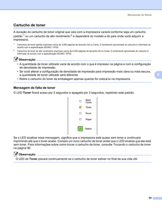 Manutenção de Rotina



Cartucho de toner                                                                                                                           6




A duração do cartucho de toner original que veio com a impressora variará conforme seja um cartucho
padrão 1 ou um cartucho de alto rendimento 2 e dependerá do modelo e do país onde você adquirir a
impressora.
1
     Cartuchos de toner padrão imprimem cerca de 3.000 páginas de tamanho A4 ou Carta. O rendimento aproximado do cartucho é informado de
     acordo com a especificação ISO/IEC 19752.
2    Cartuchos de toner de alto rendimento imprimem cerca de 8.000 páginas de tamanho A4 ou Carta. O rendimento aproximado do cartucho é
     informado de acordo com a especificação ISO/IEC 19752.

      Observação
     • A quantidade de toner utilizado varia de acordo com o que é impresso na página e com a configuração
       de densidade de impressão.
     • Se você alterar a configuração de densidade de impressão para impressão mais clara ou mais escura,
       a quantidade de toner utilizado será diferente.                                                                                          6
     • Retire o cartucho do toner da embalagem apenas quando for colocá-lo na impressora.


Mensagem de falta de toner                                                                                                                  6




O LED Toner ficará aceso por 2 segundos e apagado por 3 segundos, repetindo este padrão.




Se o LED sinalizar essa mensagem, significa que a impressora está quase sem toner e continuará
imprimindo até que o toner acabe. Compre um novo cartucho de toner antes que o LED sinalize que ela está
sem toner. Para informações sobre como trocar o cartucho de toner, consulte Trocando o cartucho de toner
na página 96.

      Observação
    O LED de Toner piscará continuamente se o cartucho de toner estiver no final de sua vida útil.




                                                                                                                                           95
 
