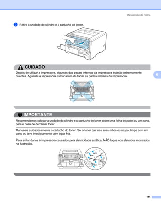 Manutenção de Rotina



c   Retire a unidade do cilindro e o cartucho de toner.




        CUIDADO
Depois de utilizar a impressora, algumas das peças internas da impressora estarão extremamente
quentes. Aguarde a impressora esfriar antes de tocar as partes internas da impressora.                    6




       IMPORTANTE
Recomendamos colocar a unidade do cilindro e o cartucho de toner sobre uma folha de papel ou um pano,
para o caso de derramar toner.

Manuseie cuidadosamente o cartucho do toner. Se o toner cair nas suas mãos ou roupa, limpe com um
pano ou lave imediatamente com água fria.

Para evitar danos à impressora causados pela eletricidade estática, NÃO toque nos eletrodos mostrados
na ilustração.




                                                                                                   111
 