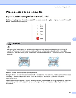 Localização e Solução de Falhas



Papéis presos e como removê-los                                                                             7




Pap. encr. dentro Bandeja MF / Gav 1 / Gav 2 / Gav 3                                                        7




Se houver papéis presos dentro da bandeja MP ou das bandejas de papéis, a impressora acenderá o LED
Paper, conforme mostrado abaixo.




                                                                                                                7

        CUIDADO

 Depois de utilizar a impressora, algumas das peças internas da impressora estarão extremamente
 quentes. Para evitar ferimentos, ao abrir a tampa frontal ou traseira (bandeja de saída traseira) da
 impressora, NÃO toque nas partes sombreadas mostradas na ilustração. Caso contrário, você poderá se
 queimar.




Remova o papel preso conforme indicado a seguir.
Se o papel preso for removido completamente de acordo com as etapas abaixo, você pode instalar a bandeja
de papéis e em seguida fechar a tampa frontal. A impressora retomará o trabalho de impressão
automaticamente.
Se a impressora não começar a imprimir automaticamente, pressione Go. Se a impressora ainda assim não
começar a imprimir, verifique se não restou nenhum papel preso na impressora. Depois, tente imprimir
novamente.




                                                                                                         123
 