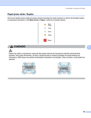 Localização e Solução de Falhas



Papel preso atrás / Duplex                                                                                  7




Se houver papéis presos atrás da tampa traseira (bandeja de saída traseira) ou dentro da bandeja duplex,
a impressora acenderá o LED Back Cover e Paper, conforme mostrado abaixo.




        CUIDADO                                                                                                 7

 Depois de utilizar a impressora, algumas das peças internas da impressora estarão extremamente
 quentes. Para evitar ferimentos, ao abrir a tampa frontal ou traseira (bandeja de saída traseira) da
 impressora, NÃO toque nas partes sombreadas mostradas na ilustração. Caso contrário, você poderá se
 queimar.




                                                                                                         128
 