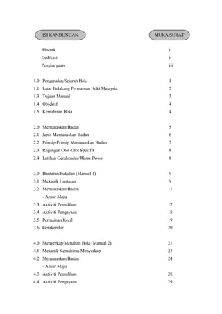 ISI KANDUNGAN                            MUKA SURAT


    Abstrak                                      i
    Dedikasi                                     ii
    Penghargaan                                  iii


1.0 Pengenalan/Sejarah Hoki                      1
1.1 Latar Belakang Permainan Hoki Malaysia       2
1.3 Tujuan Manual                                3
1.4 Objektif                                     4
1.5 Kemahiran Hoki                               4


2.0 Memanaskan Badan                             5
2.1 Jenis Memanaskan Badan                       6
2.2 Prinsip-Prinsip Memanaskan Badan             7
2.3 Regangan Otot-Otot Spesifik                  8
2.4 Latihan Gerakendur/Warm Down                 8


3.0 Hantaran/Pukulan (Manual 1)                  9
3.1 Mekanik Hantaran                             9
3.2 Memanaskan Badan                             11
    - Ansur Maju
3.3 Aktiviti Pemulihan                           17
3.4 Aktiviti Pengayaan                           18
3.5 Permainan Kecil                              19
3.6 Gerakendur                                   20


4.0 Menyerkap/Menahan Bola (Manual 2)            21
4.1 Mekanik Kemahiran Menyerkap                  23
4.2 Memanaskan Badan                             24
    - Ansur Maju
4.3 Aktiviti Pemulihan                           28
4.4 Aktiviti Pengayaan                           29
 