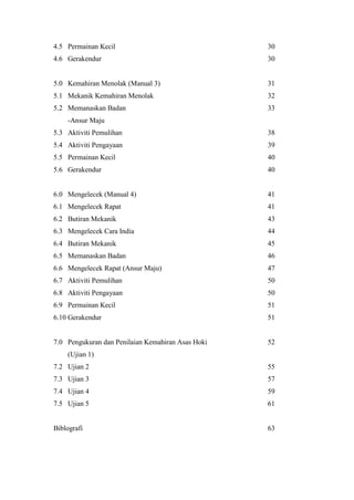 4.5 Permainan Kecil                                30
4.6 Gerakendur                                     30


5.0 Kemahiran Menolak (Manual 3)                   31
5.1 Mekanik Kemahiran Menolak                      32
5.2 Memanaskan Badan                               33
    -Ansur Maju
5.3 Aktiviti Pemulihan                             38
5.4 Aktiviti Pengayaan                             39
5.5 Permainan Kecil                                40
5.6 Gerakendur                                     40


6.0 Mengelecek (Manual 4)                          41
6.1 Mengelecek Rapat                               41
6.2 Butiran Mekanik                                43
6.3 Mengelecek Cara India                          44
6.4 Butiran Mekanik                                45
6.5 Memanaskan Badan                               46
6.6 Mengelecek Rapat (Ansur Maju)                  47
6.7 Aktiviti Pemulihan                             50
6.8 Aktiviti Pengayaan                             50
6.9 Permainan Kecil                                51
6.10 Gerakendur                                    51


7.0 Pengukuran dan Penilaian Kemahiran Asas Hoki   52
    (Ujian 1)
7.2 Ujian 2                                        55
7.3 Ujian 3                                        57
7.4 Ujian 4                                        59
7.5 Ujian 5                                        61


Biblografi                                         63
 