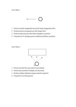 Ansur Maju 1.




1. Pemain menolak menggunakan kayu hoki tanpa menggunakan bola.
2. Pastikan pemain memegang kayu hoki dengan betul.
3. Pastikan badan,lutut dan bahu dalam kedudukan yang betul.
4. Ulang aktiviti ini sehingga pemain melakukan perlakuan yang betul.




Ansur Maju 2.




                                       A
1. Pemain menolak bola yang statik ke arah dinding.
2. Pemain akan menolak ke hadapan, kiri dan kanan.
3. Pastikan tolakkan dilakukan dengan mekanik yang betul.
4. Ulang aktiviti ini beberapa kali.
 