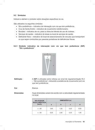 Inscrições no Pavimento 95
9.2 Símbolos
Indicam e alertam o condutor sobre situações especificas na via.
São utilizados os seguintes símbolos:
• Dê a preferência – indicativo de interseção com via que tem preferência;
• Cruz de Santo André – indicativo de cruzamento rodoferroviario;
• Bicicleta – indicativo de via, pista ou faixa de trânsito de uso de ciclistas;
• Serviços de saúde – indicativo de áreas ou local de serviços de saúde;
• Deficiente físico – indicativo de local de estacionamento de veículos que transportam
ou que sejam conduzidos por pessoas portadoras de deficiências físicas.
9.2.1 Símbolo indicativo de interseção com via que tem preferência (SIP)
“Dê a preferência”
Definição A SIP é utilizada como reforço ao sinal de regulamentação R-2
– “Dê a preferência”, indicando a existência de cruzamento com via
que tem preferência.
Cor Branca.
Dimensões Suas dimensões variam de acordo com a velocidade regulamentada
no local.
VELOCIDADE
REGULAMENTADA
(km/h)
DIMENSÕES (m)
a b c d
v ≤ 60 3,60 1,20 0,20 0,55
v > 60 6,00 2,00 0,30 1,00
 