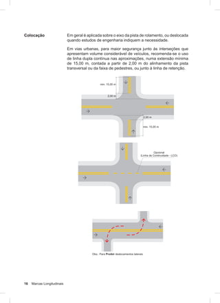 16 Marcas Longitudinais
Colocação Em geral é aplicada sobre o eixo da pista de rolamento, ou deslocada
quando estudos de engenharia indiquem a necessidade.
Em vias urbanas, para maior segurança junto às interseções que
apresentam volume considerável de veículos, recomenda-se o uso
de linha dupla contínua nas aproximações, numa extensão mínima
de 15,00 m, contada a partir de 2,00 m do alinhamento da pista
transversal ou da faixa de pedestres, ou junto à linha de retenção.
 