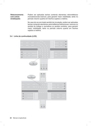 28 Marcas Longitudinais
Relacionamento
com outras
sinalizações
Podem ser aplicadas tachas contendo elementos retrorrefletivos
monodirecionais brancos, para garantir maior visibilidade, tanto no
período noturno quanto em trechos sujeitos a neblina.
No caso de via com duplo sentido de circulação, podem ser aplicadas
tachas contendo elementos retrorrefletivos bidirecionais, brancos no
sentido do tráfego e vermelhos no sentido contrário, para garantir
maior visibilidade, tanto no período noturno quanto em trechos
sujeitos a neblina.
5.4 Linha de continuidade (LCO)
 