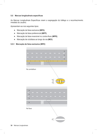30 Marcas Longitudinais
5.5 Marcas longitudinais específicas
As Marcas Longitudinais Específicas visam a segregação do tráfego e o reconhecimento
imediato do usuário.
Apresentam-se nos seguintes tipos:
● Marcação de faixa exclusiva (MFE);
● Marcação de faixa preferencial (MFP);
● Marcação de faixa reversível no contra-fluxo (MFR);
● Marcação de ciclofaixa ao longo da via (MCI).
5.5.1 Marcação de faixa exclusiva (MFE)
 