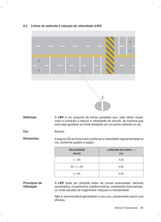 Marcas Transversais 41
6.2 Linhas de estímulo a redução de velocidade (LRV)
Definição A LRV é um conjunto de linhas paralelas que, pelo efeito visual,
induz o condutor a reduzir a velocidade do veículo, de maneira que
esta seja ajustada ao limite desejado em um ponto adiante na via.
Cor Branca.
Dimensões A largura (l) da linha varia conforme a velocidade regulamentada na
via, conforme quadro a seguir:
VELOCIDADE
(km/h)
LARGURA DA LINHA – l
(m)
v < 60 0,20
60 ≤ v ≤ 80 0,30
v > 80 0,40
Princípios de
Utilização
A LRV pode ser utilizada antes de curvas acentuadas, declives
acentuados, cruzamentos rodoferroviários, ondulações transversais,
ou onde estudos de engenharia indiquem a necessidade.
Não é recomendável generalizar o seu uso, preservando assim sua
eficácia.
 