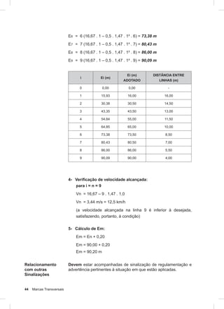 44 Marcas Transversais
E6 = 6 (16,67 . 1 – 0,5 . 1,47 . 1² . 6) = 73,38 m
E7 = 7 (16,67 . 1 – 0,5 . 1,47 . 1² . 7) = 80,43 m
E8 = 8 (16,67 . 1 – 0,5 . 1,47 . 1² . 8) = 86,00 m
E9 = 9 (16,67 . 1 – 0,5 . 1,47 . 1² . 9) = 90,09 m
i Ei (m)
Ei (m)
ADOTADO
DISTÂNCIA ENTRE
LINHAS (m)
0 0,00 0,00 -
1 15,93 16,00 16,00
2 30,38 30,50 14,50
3 43,35 43,50 13,00
4 54,84 55,00 11,50
5 64,85 65,00 10,00
6 73,38 73,50 8,50
7 80,43 80,50 7,00
8 86,00 86,00 5,50
9 90,09 90,00 4,00
4- Veriﬁcação de velocidade alcançada:
para i = n = 9
Vn = 16,67 – 9 . 1,47 . 1,0
Vn = 3,44 m/s = 12,5 km/h
(a velocidade alcançada na linha 9 é inferior à desejada,
satisfazendo, portanto, à condição)
5- Cálculo de Em:
Em = En + 0,20
Em = 90,00 + 0,20
Em = 90,20 m
Relacionamento
com outras
Sinalizações
Devem estar acompanhadas de sinalização de regulamentação e
advertência pertinentes à situação em que estão aplicadas.
 
