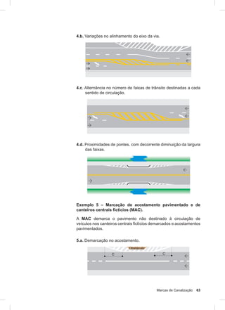 Marcas de Canalização 63
4.b. Variações no alinhamento do eixo da via.
4.c. Alternância no número de faixas de trânsito destinadas a cada
sentido de circulação.
4.d. Proximidades de pontes, com decorrente diminuição da largura
das faixas.
Exemplo 5 – Marcação de acostamento pavimentado e de
canteiros centrais fictícios (MAC).
A MAC demarca o pavimento não destinado à circulação de
veículos nos canteiros centrais fictícios demarcados e acostamentos
pavimentados.
5.a. Demarcação no acostamento.
 