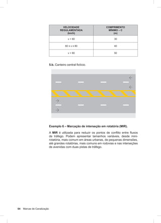 64 Marcas de Canalização
VELOCIDADE
REGULAMENTADA
(km/h)
COMPRIMENTO
MÍNIMO – C
(m)
v < 60 30
60 ≤ v ≤ 80 40
v > 80 50
5.b. Canteiro central fictício.
Exemplo 6 – Marcação de interseção em rotatória (MIR).
A MIR é utilizada para reduzir os pontos de conflito entre fluxos
de tráfego. Podem apresentar tamanhos variáveis, desde mini-
rotatória, mais comum em áreas urbanas, de pequenas dimensões,
até grandes rotatórias, mais comuns em rodovias e nas interseções
de avenidas com duas pistas de tráfego.
 