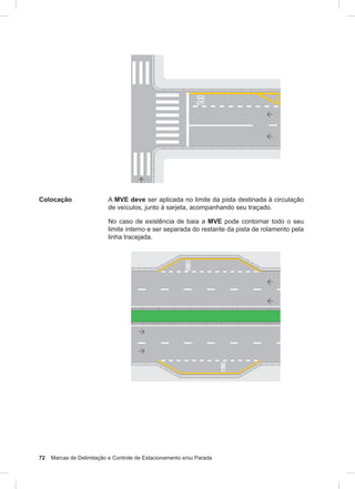 72 Marcas de Delimitação e Controle de Estacionamento e/ou Parada
Colocação A MVE deve ser aplicada no limite da pista destinada à circulação
de veículos, junto à sarjeta, acompanhando seu traçado.
No caso de existência de baia a MVE pode contornar todo o seu
limite interno e ser separada do restante da pista de rolamento pela
linha tracejada.
 