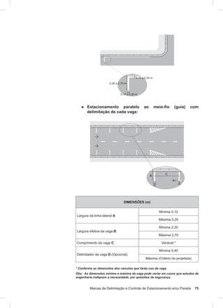 Marcas de Delimitação e Controle de Estacionamento e/ou Parada 75
● Estacionamento paralelo ao meio-fio (guia) com
delimitação de cada vaga:
DIMENSÕES (m)
Largura da linha lateral A
Mínima 0,10
Máxima 0,20
Largura efetiva da vaga B
Mínima 2,20
Máxima 2,70
Comprimento da vaga C Variável *
Delimitador da vaga D (Opcional)
Mínima 0,40
Máxima (Critério do projetista)
* Conforme as dimensões dos veículos que farão uso da vaga.
Obs: As dimensões mínima e máxima da vaga pode variar em casos que estudos de
engenharia indiquem a necessidade, por questões de segurança.
 