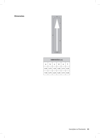 Inscrições no Pavimento 83
Dimensões
DIMENSÕES (m)
a b c d e f
5,00 0,75 1,50 3,50 0,15 0,30
7,50 0,75 2,25 5,25 0,15 0,30
 
