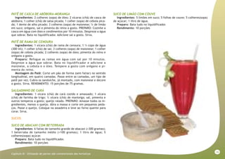 19
Capitulo III - Utlização de partes não convencionais das hortaliças
PATÊ DE CASCA DE ABÓBORA-MORANGA
Ingredientes: 2 colheres (sopa) de óleo; 2 xícaras (chá) de casca de
abóbora; 1 colher (chá) de salsa picada; 1 colher (sopa) de cebola pica-
da; 1 dente de alho picado; 3 colheres (sopa) de maionese; ¼ de limão
em suco; orégano, sal e pimenta do reino a gosto. PREPARO: Cozinhe a
casca em água com óleo e condimentos por 10 minutos. Despreze a água
que sobrar. Bata no liquidificador. Adicione sal a gosto. Sirva.
PATÊ DE RAMA DE CENOURA
Ingredientes: 1 xícara (chá) de rama de cenoura; 1 ½ copo de água
(300 ml); 1 colher (chá) de sal; 3 colheres (sopa) de maionese; 1 colher
(sopa) de cebola picada; 2 colheres (sopa) de óleo; pimenta do reino e
orégano a gosto.
Preparo: Refogue as ramas em água com sal por 10 minutos.
Despreze a água que sobrar. Bata no liquidificador e adicione a
maionese, a cebola e o óleo. Tempere a gosto com orégano e pi-
menta do reino.
Montagem do Patê: Corte um pão de forma (sem fatiar) no sentido
longitudinal, em quatro camadas. Passe entre as camadas, um tipo de
patê por vez. Cubra os sanduíche, já montado, com maionese e decore
a gosto. Sirva. RENDIMENTO: 15 porções de 75 gramas.
SALGADINHO DE CARÁ
Ingredientes: 1 xícara (chá) de cará cozido e amassado; 1 xícara
(chá) de farinha de trigo; ½ xícara (chá) de manteiga; sal, pimenta e
outros temperos a gosto; queijo ralado. PREPARO: Amasse todos os in-
gredientes, menos o queijo. Abra a massa e corte em pequenos peda-
ços. Passe o queijo. Coloque na assadeira e leve ao forno quente para
corar. Sirva.
SUCOS
SUCO DE ABACAXI COM BETERRADA
Ingredientes: 6 fatias de tamanho grande de abacaxi (=300 gramas);
1 beterraba de tamanho médio (=100 gramas); 1 litro de água; 5
colheres(sopa) açúcar.
Preparo: Bata tudo no liquidificador.
Rendimento: 10 porções
SUCO DE LIMÃO COM COUVE
Ingredientes: 5 limões em suco; 5 folhas de couve; 5 colheres(sopa)
de açúcar; 1 litro de água.
Preparo: Bata tudo no liquidificador.
Rendimento: 10 porções
 
