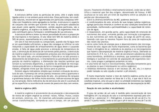 38
Capitulo VII - O solo: conceitos, composição, atributos importantes para o manejo
Estrutura
A estrutura define como as partículas de areia, silte e argila estão
ligadas entre si e se existem poros entre elas. Estas partículas, em condi-
ções naturais, encontram-se aglomeradas em partículas compostas refe-
ridas com freqüência como agregados ou torrões. A estrutura é o aspecto
do conjunto dos torrões que ocorrem no solo. As principais substâncias
que atuam como agente cimentante, unindo aquelas partículas, são a
matéria orgânica, as argilas e os óxidos de ferro. Os organismos vivos do
solo contribuem para a formação e estabilização de sua estrutura.
A estrutura define a maior ou menor porosidade do solo e a proporção
de macroporos e microporos. O solo ideal tem 50% de matéria sólida e
50% de poros, assemelhando-se a uma esponja.
Um solo é mal estruturado ou compactado, quando não há água nem
ar em quantidades suficientes; a água não consegue se infiltrar no solo
reduzindo a capacidade de armazenamento de água deste e causando
erosão. A falta de água pode provocar a elevação da temperatura do
solo, a diminuição da absorção de nutrientes pelas plantas, a destruição
da matéria orgânica e os conseqüentes prejuízos aos microrganismos do
solo. Por outro lado, um encharcamento e falta de ar no solo provoca o
abaixamento da temperatura, o retardamento ou paralisação da decom-
posição da matéria orgânica, a diminuição das reações químicas que
tornam os nutrientes disponíveis, o aumento da atividade de microrga-
nismos prejudiciais e a dissolução de ferro e manganês em grandes quan-
tidades, atingindo níveis que são tóxicos para as plantas.
Existem alguns indicadores simples que revelam a situação da estru-
tura do solo. A presença de certas plantas invasoras como a guanxuma e
o assa-peixe indicam a compactação do solo. Já a presença de carqueja
e gramíneas baixas e de folhas muito estreitas, indicam excesso de água
ou má aeração. Outro indicativo da má estrutura do solo é o acúmulo de
pó na superfície e a ocorrência de nuvens de poeira em dias com ventos.
Matéria orgânica (MO)
A matéria orgânica é proveniente da acumulação e decomposição
de restos de origem vegetal ou animal: raízes, folhas, frutos, corpos
de animais, estercos, etc. Os materiais adicionados passam por di-
versas transformações, tornando-se com o tempo, em um produto
escuro, finamente dividido e relativamente estável, onde não se iden-
tifica o material que lhe deu origem, denominado de húmus. A MO
acumula-se no solo até um nível de equilíbrio entre as adições e as
perdas por decomposição.
Entre os diversos benefícios da MO, podemos destacar:
• é condicionadora do solo: através de suas longas cadeias orgânicas,
agrega partículas minerais e confere ao solo condições favoráveis de
porosidade, melhorando a permeabilidade e a capacidade de reten-
ção de água;
• é responsável, em grande parte, pela capacidade de retenção de
nutrientes dos solos, evitando perdas por lixiviação (carregamen-
to dos nutrientes por meio da água, ao longo do perfil do solo),
fazendo com que os mesmos fiquem fora da zona de exploração
das raízes das plantas;
• serve como fonte de energia para o desenvolvimento dos microrga-
nismos do solo: alguns são muito importantes, como as bactérias que
fixam o nitrogênio do ar, cedendo-os às plantas e os microrganismos
que fazem a decomposição da matéria orgânica fresca, liberando os
nutrientes N, P, K, Ca, S, etc., além de secretarem substâncias ativas
como hormônios, antibióticos e enzimas, que aumentam a atividade
biológica e auxiliam no controle de populações de organismos noci-
vos, como pragas e patógenos presentes no solo;
• é uma fonte de macro e micronutrientes, liberados lentamente para
as plantas (o que é interessante no cultivo orgânico);
• imobiliza elementos tóxicos e em excesso (Al, Mn, etc.) e exerce
poder tampão no solo (ajuda a manter o pH estável).
É muito importante manter o teor de matéria orgânica acima de um
valor mínimo no solo (manter na faixa de 2 a 5%), o que não é fácil na
condição tropical, uma vez que o calor e a umidade existentes nas regiões
quentes promovem a aceleração dos processos de decomposição da MO.
Reação do solo (acidez e alcalinidade)
O grau de acidez de um solo é medido pela concentração de íons
hidrogênio (H+
) na solução do solo e é normalmente expresso pelo sím-
bolo pH (p = potencial; H = Hidrogênio). A escala de pH vai de 0 a 14,
sendo 7 o ponto médio, onde se diz que o pH é neutro. Acima de 7 se diz
 