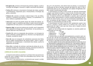 43
Capitulo VIII - Nutrição mineral, calagem e adubação das hortaliças
• Nitrogênio (N): promove a formação das proteínas vegetais, auxilia a
formação da folhagem e favorece o rápido crescimento das plantas;
• Fósforo (P): estimula o crescimento e formação das raízes; aumenta
o perfilhamento; importante para o florescimento e formação dos
grãos e sementes;
• Potássio (K): controla a entrada e saída de água e CO2
nas folhas;
aumenta a resistência das plantas a doenças, ao acamamento e à
seca; melhora a qualidade dos frutos;
• Cálcio (Ca): faz parte da parede celular das células das plantas, au-
mentando o vigor e a resistência das folhas e caules; atua na formação
e pegamento de frutos jovens e no enraizamento em profundidade;
• Magnésio (Mg): faz parte da molécula de clorofila, que é responsável
pela captação de energia solar na fotossíntese; na sua presença, as
plantas absorvem mais fósforo (P);
• Enxofre (S): entra na composição das proteínas e na formação de
grãos e sementes; quando ligado ao Ca, favorece a sua migração para
o subsolo, atraindo as raízes;
• Boro (B): atua no transporte de carboidratos (açúcares) das folhas
para os órgãos armazenadores das plantas (grãos, raízes e caules);
importante na multiplicação e crescimento das células; auxilia no
pegamento da florada;
• Zinco (Zn): é ativador de enzimas e participa da síntese de um im-
portante hormônio de crescimento (auxina); participa da síntese de
proteínas; estimula o crescimento e a frutificação.
CORREÇÃO DA ACIDEZ (CALAGEM)
A reação do solo (ácida ou alcalina) é o primeiro fator que precisa ser
conhecido, pois a calagem é feita com antecedência aos cultivos e até
mesmo ao preparo do solo.
Como já foi visto anteriormente, os elementos que causam a acidez
são o H e o Al (alumínio), este último tóxico às plantas, e o processo de
acidificação do solo se dá pela remoção das bases (Ca, Mg, K e Na) e
substituição pelo H e Al. As adubações com adubos nitrogenados tam-
bém causam a acidificação dos solos.
A neutralização da acidez é feita através da operação denominada
calagem, que consiste em aplicar a lanço no solo, em área total, deter-
minados materiais que têm a capacidade de neutralizar a acidez do
solo. O material corretivo mais utilizado é o calcário, que é uma rocha
calcária moída. Quimicamente o calcário consiste basicamente de car-
bonato de cálcio (CaCO3
) que é um sal de baixíssima solubilidade, mas
que, na presença de gás carbônico e água, participa de reações que
resultam na neutralização da acidez do solo.
A neutralização da acidez ocorrerá mais rapidamente quanto mais
fino for o calcário e quanto melhor for a mistura com o solo, não se
esquecendo de irrigar o solo caso não chova, pois a reação só ocorre
com a presença da água.
Quanto ao teor de Mg (óxido de magnésio) os calcários podem ser
classificados em três tipos:
• Calcíticos: < 5% MgO
• Magnesianos: 5 a 12% MgO
• Dolomíticos: > 12% MgO
O calcário deve ser aplicado antecipadamente ao plantio (pelo me-
nos com 20 a 30 dias de antecedência), distribuído uniformemente e
incorporado na maior profundidade possível (20 a 30cm). A necessidade
de calcário é calculada através dos dados da análise de solo.
Nocultivoorgâniconãosãoaceitasaplicaçõeselevadasdecalcáriodeumasó
vez. Recomenda-se a aplicação de no máximo 2t/ha, o que equivale a 200g/m2,
para não provocar desequilíbrios entre os nutrientes do solo. É importante tam-
bém manter relações equilibradas entre os nutrientes Ca, Mg e K no solo: 3 a 4
partes de Ca para 1 parte de magnésio (Ca/Mg = 3-4 : 1); 9 a 12 partes de Ca para
1 parte de K (Ca/K = 9-12 : 1) e 3 partes de Mg para 1 parte de K (Mg/K = 3 : 1).
O conhecimento de como estão os teores desses elementos, por meio da
análise do solo, permite escolher a melhor forma de calcário a ser aplicado
(dolomítico, calcítico ou magnesiano), procurando estabelecer essas relações.
Isso significa, por exemplo, que em um solo com baixo teor de Mg, devo utilizar
um calcário mais rico em Mg (dolomítico ou magnesiano) e em solos onde os
teoresdeMgjáestãoemníveisadequadosouatéelevados,devoutilizarcalcário
calcítico (tem bastante Ca e pouco Mg), para manter uma boa relação Ca/Mg.
 
