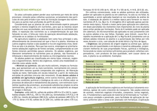 44
Capitulo VIII - Nutrição mineral, calagem e adubação das hortaliças
ADUBAÇÃO DAS HORTALIÇAS
Os solos cultivados podem perder seus nutrientes por meio de vários
processos: remoção pelas colheitas sucessivas; arrastamento das partí-
culas do solo pela erosão e por meio da lixiviação (lavagem dos nutrien-
tes para as partes mais profundas do perfil do solo).
Considerando que as plantas de uma determinada espécie possuem
sempre a mesma exigência em nutrientes, para que as mesmas sejam
supridas em suas necessidades, será necessário repor os nutrientes per-
didos. A reposição dos nutrientes ou a complementação do que está
faltando no solo, é feita por meio da operação denominada adubação,
utilizando-se os adubos ou fertilizantes.
Na agricultura orgânica a adubação tem como foco principal o solo,
diferentemente da convencional em que o foco é a planta. Interessa no
cultivo orgânico manter o solo saudável e rico em organismos vivos, bené-
ficos ao solo e às plantas. Para que isso ocorra, empregam-se prioritaria-
mente adubações orgânicas de fontes variadas, complementando-se com
fontes minerais permitidas (pouco solúveis). Os adubos orgânicos, por
liberarem lentamente os nutrientes para as plantas, não favorecem a
infestação e desenvolvimento de insetos ou microrganismos nocivos.
Os adubos podem ser classificados em vários tipos: minerais, orgâni-
cos e organominerais. Dentro dos orgânicos, existe uma modalidade co-
nhecida como adubo verde.
• Minerais ou químicos: são sais muito solúveis, simples ou formula-
dos, que apresentam um ou mais nutrientes, normalmente em concen-
trações bem maiores quando comparados aos orgânicos, de liberação
rápida ao meio; fabricados em escala industrial a partir de moléculas
extraídas do petróleo (recurso não renovável). O uso destes adubos é
proibido em agricultura orgânica, entre outros motivos, pelas altera-
ções das condições químicas e biológicas do solo e os efeitos sobre os
processos de absorção e metabolismos das plantas, com estímulos à pro-
teólise (quebra das proteínas), acumulando substâncias simples na seiva
(aminoácidos, glicose, etc.) e tornando-as mais susceptíveis ao ataque
de pragas e doenças.
Exemplos: uréia (44% N), sulfato de amônio (20% N e 22 a 24% S), super-
fosfato simples (18% P2
O5
, 10% S e 18 a 20% Ca), termofosfato (17% P2
O5
e 18
a 20% Ca), cloreto de potássio (58% K2
O); sulfato de potássio (48% K2
O e 15
-17% S); bórax (11% B); sulfato de Zn (20% Zn), sulfato de cobre (13% Cu);
fórmulas 10-10-10 (10% de N, 10% de P e 10% de K), 4-14-8, 20-5-20, etc.
Em cultivos convencionais, onde os adubos químicos são utilizados,
podem ser aplicados no plantio ou em cobertura; no solo ou via foliar. As
quantidades a serem aplicadas baseiam-se nos resultados da análise do
solo. A adubação de plantio é a melhor época para fornecer os macro-
nutrientes (P, K, Ca, Mg e S). O nitrogênio (N) é aplicado apenas parcial-
mente nesta época, ficando a maior parte para aplicação em cobertura,
em doses parceladas nos momentos mais importantes do ciclo da planta
(para evitar perdas por lixiviação). Parte do K também pode ser aplicada
em cobertura. Os micronutrientes são aplicados no solo juntamente com
os outros adubos e/ou nas folhas. Exemplo: para brócoli, couve-flor e
repolho recomenda-se a aplicação de 3 a 4kg/ha de B juntamente com os
demais adubos minerais no plantio e a pulverização das folhas por três
vezes durante o ciclo, com solução de ácido bórico (1g/litro de água).
• Orgânicos: são produtos de origem vegetal ou animal que, aplica-
dos ao solo em quantidades e em épocas e maneiras adequadas, propor-
cionam melhorias de suas propriedades físicas, químicas e biológicas,
fornecendo às raízes nutrientes suficientes para produzir colheitas com-
pensadoras, com produtos de boa qualidade, sem causar danos ao
solo, à planta ou ao ambiente. Exemplos:
A aplicação de fertilizantes orgânicos em hortaliças é altamente eco-
nômica, apesar do custo crescente do transporte. São usados estercos
de animais, materiais vegetais triturados, compostos, tortas vegetais,
etc. É fundamental a aplicação do material já fermentado ou “curtido”,
com pouca umidade e peneirado, para facilidade de aplicação de ma-
neira uniforme sobre a área a ser plantada com hortaliças. A aplicação
Material Umidade % %N %P %K
Esterco de bovinos 70 0,56 0,21 0,56
Esterco de eqüinos - 1,67 1,00 1,19
Esterco de aves (seco) 8 2,2 2,0 1,3
Composto de lixo 5-75 0,3-1,0 0,2-2,0 0,2-1,5
Torta de mamona 10 7,4 1,6 1,1
Bagaço de cana 72 0,38 0,15 0,17
Palha de arroz 15 0,67 0,27 1,27
Palha de café 12 1,30 0,31 1,80
 
